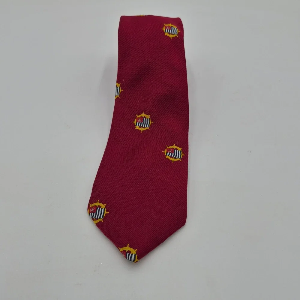 Vintage Commodore Uniform Co Nautical Ship Wheel Flag Tie Burgundy Red Mens